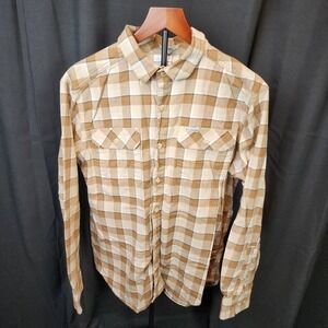 Columbia men's long-sleeve plaid flannel button-down shirt beige and brown Size